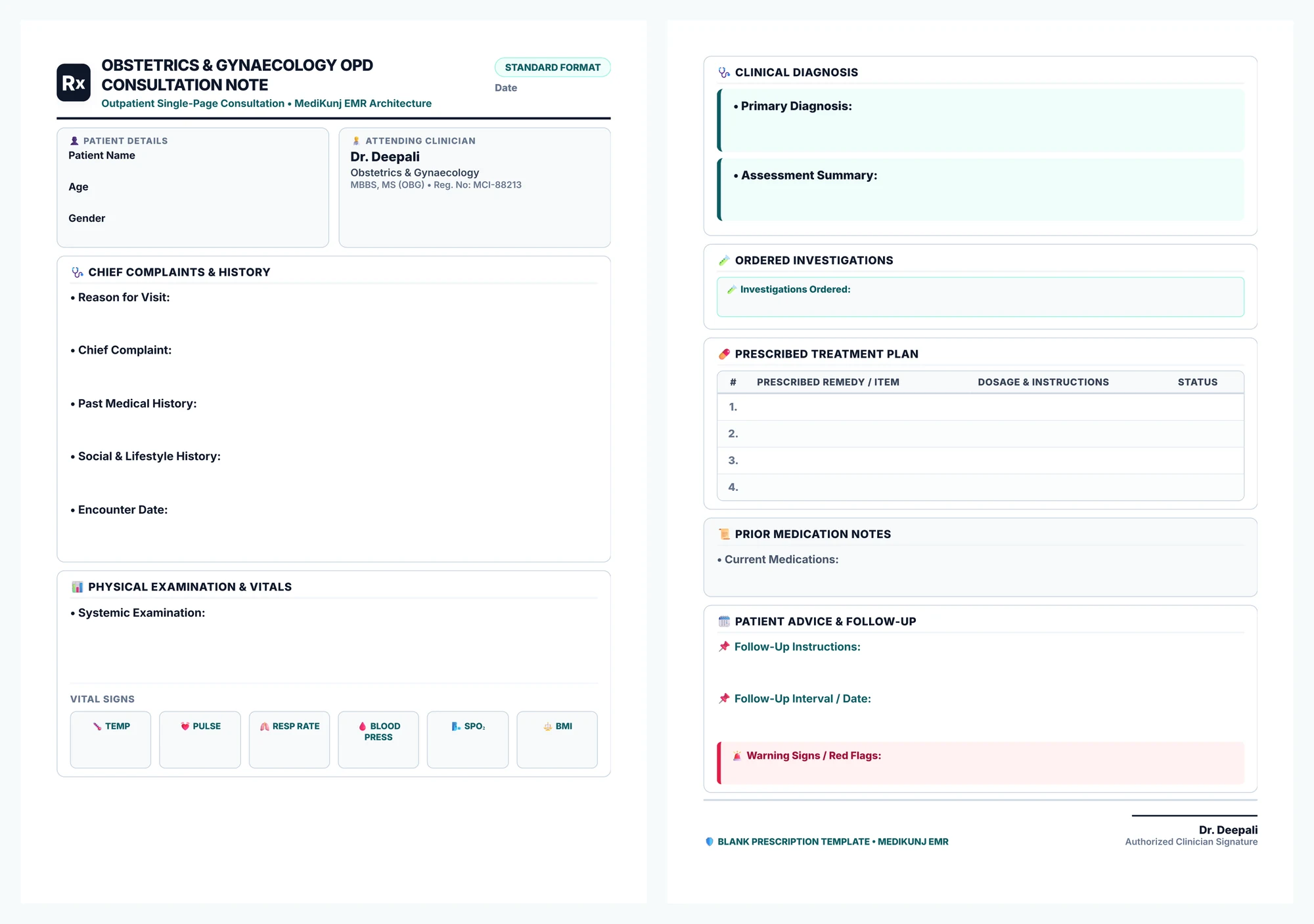 Medikunj structured consultation and prescription template showing patient details, chief complaints, vitals, diagnosis, investigations and prescribed treatment plan